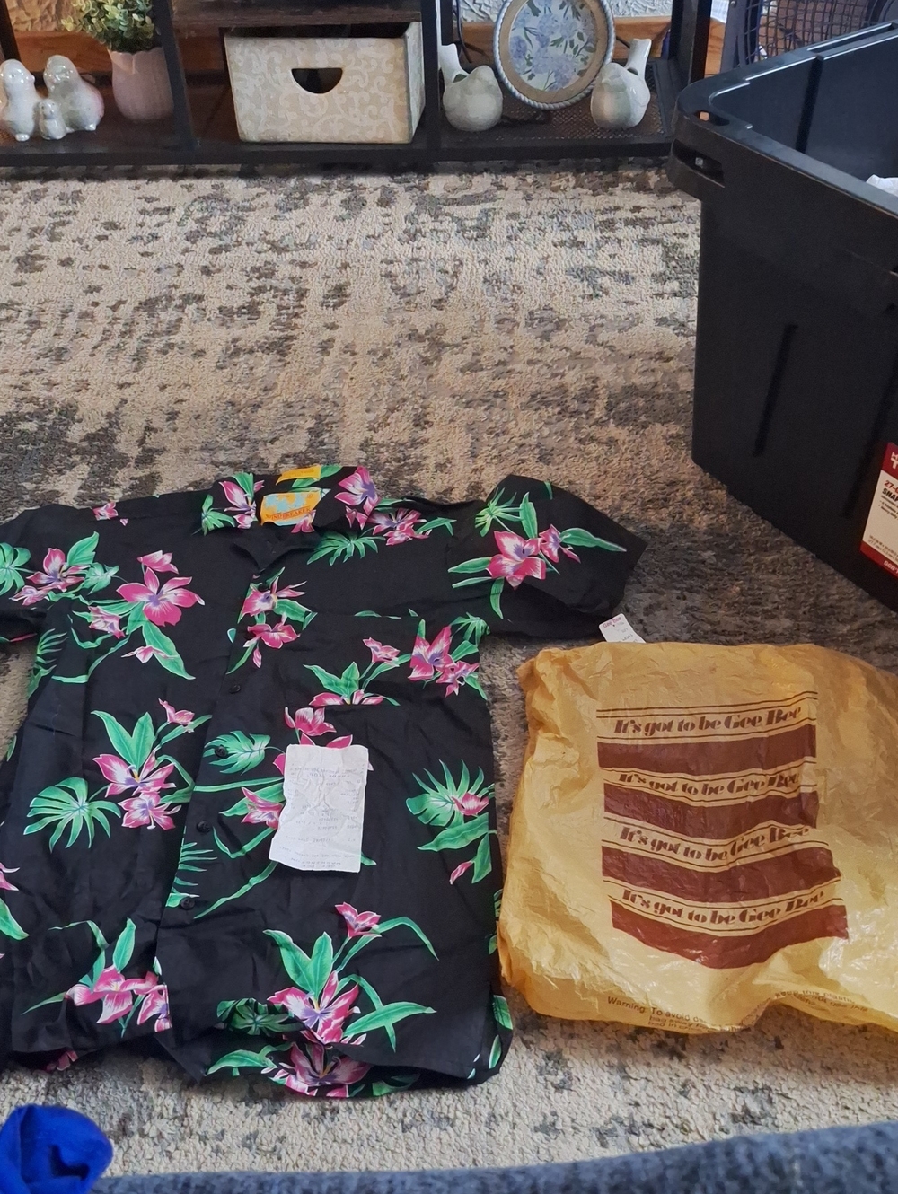 Vintage Men's Black Floral Button-Down  -  1987 With Receipt And GeeBee Bag